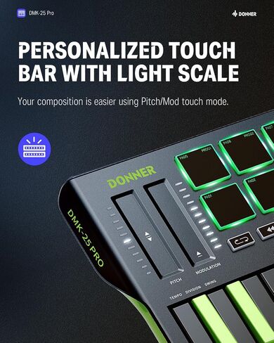 Donner DMK25 Pro MIDI Keyboard Controller, 25 Mini Key Portable USB-C MIDI Keyboard with 8 Drum Pads, OLED Display, Personalized Touch Bar, Music Production Software and 40 Free Courses in Saudi Arabia