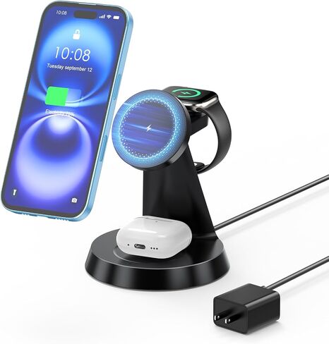 3 in 1 Charging Station for Apple Devices, Wireless Charger Compatible with Magsafe, Fast Magnetic Charger Stand for iPhone 16 15 14 13 12 Series,& AirPods,& iWatch in Saudi Arabia