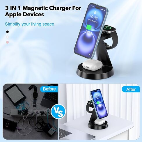 3 in 1 Charging Station for Apple Devices, Wireless Charger Compatible with Magsafe, Fast Magnetic Charger Stand for iPhone 16 15 14 13 12 Series,& AirPods,& iWatch in Saudi Arabia