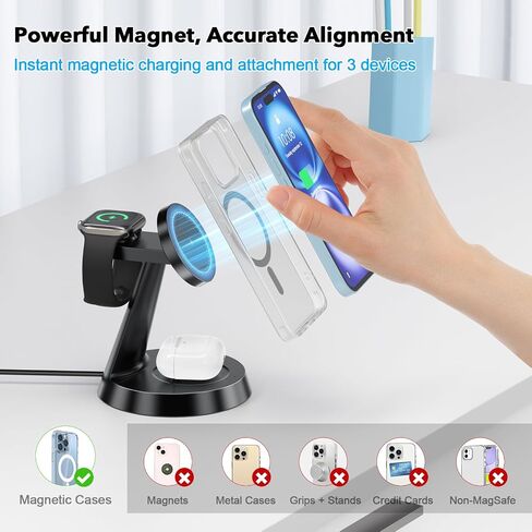 3 in 1 Charging Station for Apple Devices, Wireless Charger Compatible with Magsafe, Fast Magnetic Charger Stand for iPhone 16 15 14 13 12 Series,& AirPods,& iWatch in Saudi Arabia