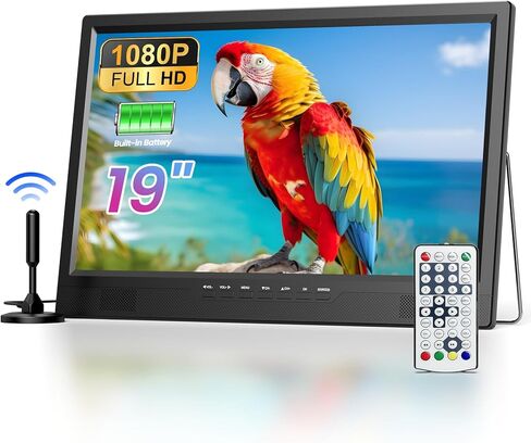 تلفزيون ديسوبري 19 بوصة محمول للتخييم، تلفزيون بطارية 8000 مللي أمبير في الساعة محمول لانقطاع التيار الكهربائي، حامل قابل للتعديل 180 درجة، مدخل HDMI 1080 بكسل، مدخل AV، USB، تلفزيون صغير للمطبخ وغرفة النوم والتخييم والفناء RV، بدون واي فاي in Kuwait