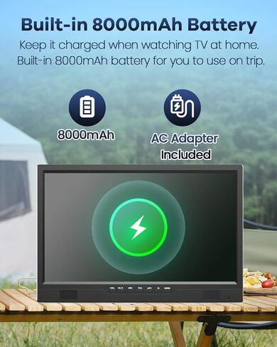 تلفزيون ديسوبري 19 بوصة محمول للتخييم، تلفزيون بطارية 8000 مللي أمبير في الساعة محمول لانقطاع التيار الكهربائي، حامل قابل للتعديل 180 درجة، مدخل HDMI 1080 بكسل، مدخل AV، USB، تلفزيون صغير للمطبخ وغرفة النوم والتخييم والفناء RV، بدون واي فاي in Kuwait
