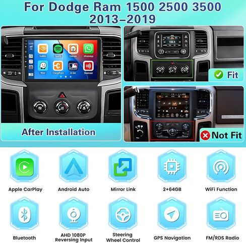 Fuluku[2+64G] Android 13 لـ Dodge Ram 1500 2500 3500 2013-2019 ستيريو السيارة مع Carplay اللاسلكي Android Auto Mirror Link، راديو بشاشة لمس 9 بوصات WiFi/GPS/FM/RDS/Bluetooth/SWC/ميكروفون كاميرا احتياطية مقاوم للماء in Saudi Arabia