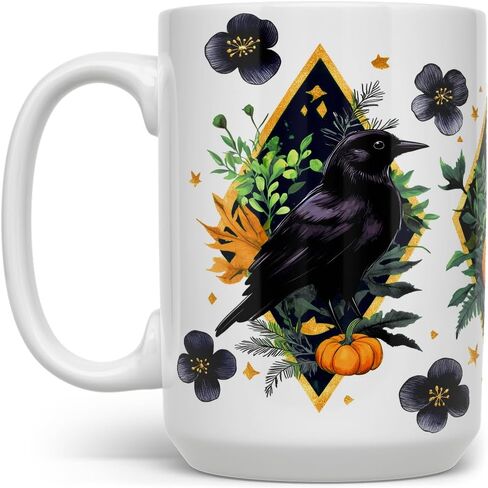 Gothic Fall Harvest Raven Coffee Mug, Spooky Woodland Nature Bird Autumn Floral Foliage Cup (11oz) in Kuwait