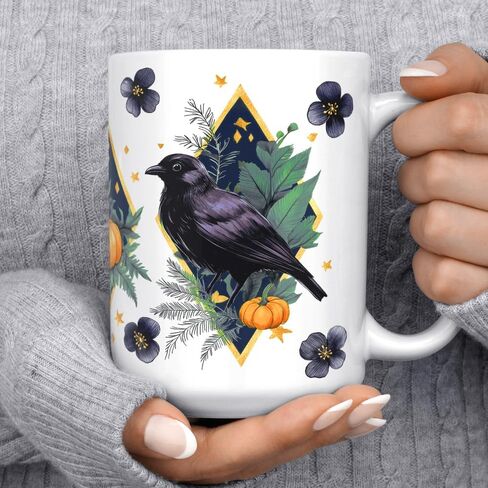 Gothic Fall Harvest Raven Coffee Mug, Spooky Woodland Nature Bird Autumn Floral Foliage Cup (11oz) in Kuwait