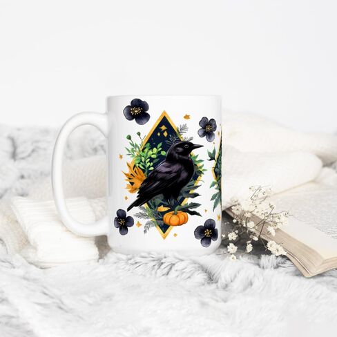 Gothic Fall Harvest Raven Coffee Mug, Spooky Woodland Nature Bird Autumn Floral Foliage Cup (11oz) in Kuwait