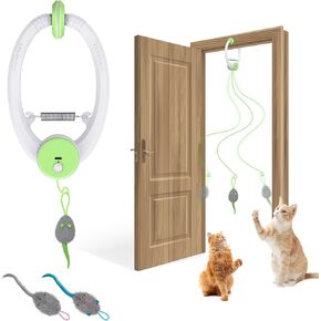Cat Toy Interactive for Indoor Cats, Smart USB Rechargeable Door Hanging Automatic Retractable Kitten Toys, Teaser Electronic Self Play Feather Cat String Toys Attached with 3 Catnip Mice Dark Blue