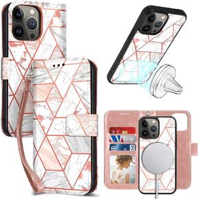 CASEOWL iPhone 14 Pro Max Wallet Case Magsafe Magnetic Detachable [RFID Blocking] Marble Pattern Flip Leather Lanyard Wallet Case with Card Holder, Strap for Women, Purple