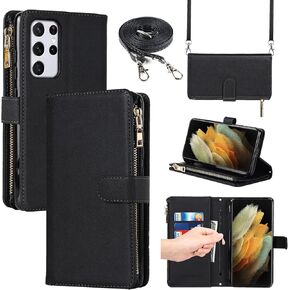 Jaorty for Samsung Galaxy S21 Ultra 5G Wallet Case with S-Pen Slot Holder,[9 Card Slots] Removable Adjustable Crossbody Necklace Lanyard Shoulder Strap Zipper Magnetic Leather Case,6.8 inch Black