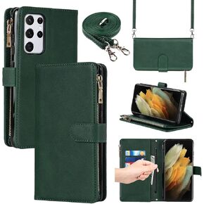 Jaorty for Samsung Galaxy S21 Ultra 5G Wallet Case with S-Pen Slot Holder,[9 Card Slots] Removable Adjustable Crossbody Necklace Lanyard Shoulder Strap Zipper Magnetic Leather Case,6.8 inch Black