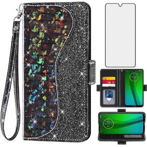 Asuwish Phone Case for Moto G7/G7+/Revvlry Plus Wallet Cover with Screen Protector and Flip Card Holder Bling Glitter Cell Motorola G7Plus Moto7 XT1962-1 G 7 7G Tmobile Revvlry+ Women Girls Silver