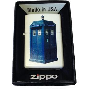 Zippo Custom Lighter - British Blue Tardis Police Box White Matte