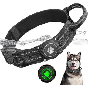 Tactical AirTag Dog Collar, 100% Waterproof Adjustable Military Training Nylon Dog Collar with Apple Air Tag Holder, Heavy Duty Medium Large Dog Collar with AirTag Case,Black, L