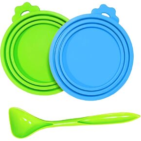 MoPawKT- Silicone Pet Food Can Covers Lids, 3 Inner Diameters 2.6"/3"/3.4" Fit 3-15 oz Standard Cat&Dog Food Cans/Tins, Multi-Size Canned Food Covers, BPA Free, Reusable(box set of 2 lids+1 spoon)