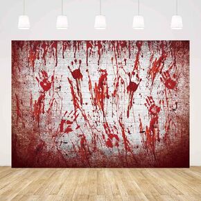 7x5ft Halloween Bloody White Brick Wall Backdrop Handprint Bloodstain Photography Background Scary Blood Splatter Horrible Halloween Party Decorations Banner Photo Props