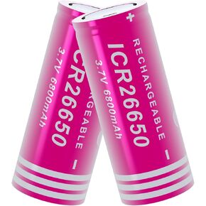 26650 Rechargeable Battery 3.7V 6800mAh Flat Top 2 Pack 26650 Batteries for LED Flashlight Headlamp