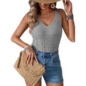 TAKEYAL Women's Knit Tank Tops Sleeveless V Neck Ribbed Fitted Casual Tops Tee Summer Slim Basic Shirts