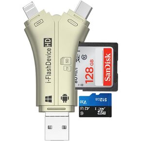 [MFi Certified] 4in1 SD Card Reader for iPhone That Reads Both SD TF Memory simultaneously,for Trail Camera/Hunting Game Camera Viewer Plays Video Photo on All Latest Apple iOS