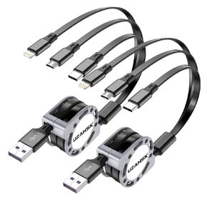 Multi Charging Cable 4ft 3 in 1 USB Retractable Phone Charger Cable with Type C/iOS/Micro USB Port Connector, Compatible with Cell Phones 15/14/13/12/11/S24/S23/S20+/Tablets ect. (2Pack)