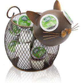 Aayla Cat K Cup Holder Metal Novelty Cat Coffee Pod Canister Large Capacity Basket Coffee Organizer for Kitchen Office and Coffee Bar