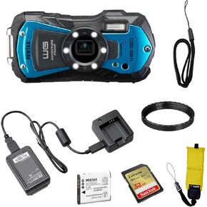 Pentax WG-90 Waterproof Digital Camera (Blue) | 2.7" LCD Monitor with 32GB Extreme UHS-I SDHC Memory Card and Waith Camera Strap (Yellow) (Essential Bundle)