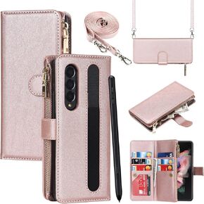 iCoverCase for Samsung Galaxy Z Fold 3 5G Wallet Case with Card Holder, PU Leather Case with S Pen Holder Adjustable Crossbody Lanyard Magnetic Clasp Zipper Pocket Flip Cover (Black)