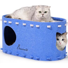 Cat Beds for Indoor Cats, 2 in 1 Large Cat House, Foldable Cat Tunnel Enclosed Bed, Scratch Resistant Cat Bed Cave for Large Cats Up to 25lbs & Multiple Small Cats, Dark Camel