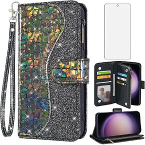 Asuwish Phone Case for Samsung Galaxy S23 FE 5G Wallet Cover with Screen Protector and Wrist Strap Bling Glitter Leather Flip Zipper Credit Card Holder Cell S 23 EF S23FE 23S Women Girls Black