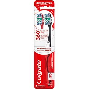 Colgate 360 Optic White Advanced Toothbrush, Medium Toothbrush for Adults,2 Count (Pack of 1)