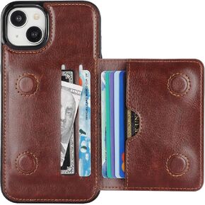 KIHUWEY Compatible with iPhone 15 Plus Wallet Case Credit Card Holder, Premium Leather Kickstand Flip Hidden Magnetic Clasp Durable Shockproof Protective Cover for iPhone 15 Plus 6.7 inch (Brown)