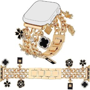 YONWORTH Cuban Chain Band Compatible with Apple Watch Bands 38/40/41/42/44/45/49mm Women,Bling Diamond Chain Dressy Metal Wristband with Cute Charms Pendants for iWatch Series 9 8 7 6 5 4 3 2 SE Ultra