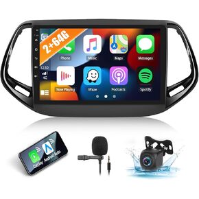 2G+64G Car Stereo Radio with Wireless Apple Carplay Android Auto for Jeep Compass 2017 2018 2019 9" Android 13 Radio Touch Screen Bluetooth Car Radio with GPS Navigation HiFi WiFi FM RDS Backup Camera