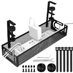 Under Desk Cable Management Tray, Cable Management Under Desk No Drill, Cable Management Tray with Desk Clamp for Home Office Standing Desk Wire Management, Black