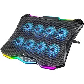 AICHESON Gaming Laptop Cooling Pad with 8 Fans, RGB Computer Stand for 15.6-17.3 Inch Notebook with 7 Height Slots, 2 USB Ports, AA3