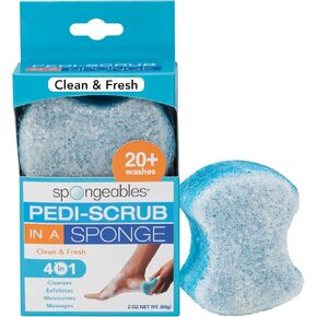 Spongeables Pedi-Scrub Foot Buffer, Clean & Fresh Scent, Contains Shea Butter & Tea Tree Oil, Exfoliating Sponge with Heel Buffer and Pedicure Oil, 20+ Washes, Blue
