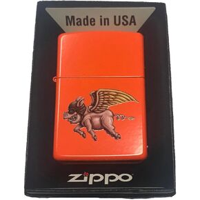 Zippo Custom Lighter - Flying Winged Pig w/Aviator Hat Neon Orange
