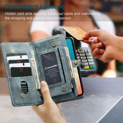 Samsung Galaxy S24 Plus Wallet Leather Case Detachable Magnetic Zipper Flip Case 11 Card Slots Holder Wrist Strap Handle Shockproof Cover Pocket Wallet Handbag for S24 Plus (Blue) in Saudi Arabia