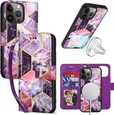 حافظة محفظة CASEOWL iPhone 14 Pro Max Magsafe مغناطيسية قابلة للفصل [حجب RFID] حافظة محفظة جلدية قابلة للطي بنمط رخامي مع حامل بطاقة، حزام للنساء، أرجواني in Kuwait