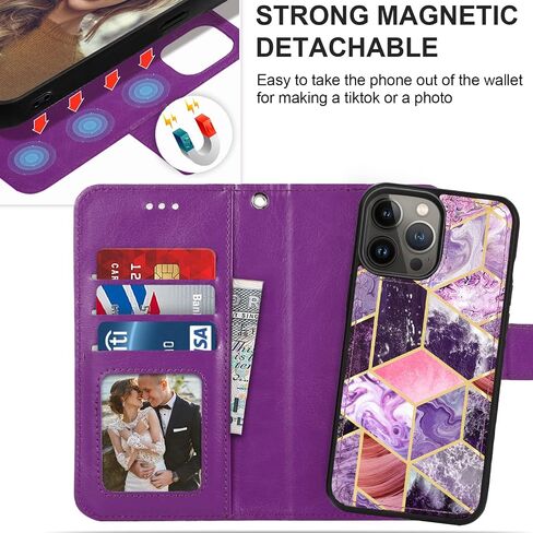 حافظة محفظة CASEOWL iPhone 14 Pro Max Magsafe مغناطيسية قابلة للفصل [حجب RFID] حافظة محفظة جلدية قابلة للطي بنمط رخامي مع حامل بطاقة، حزام للنساء، أرجواني in Kuwait