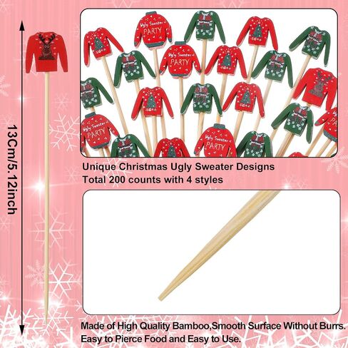 Christmas Cocktail Picks Ugly Sweater Cupcake Toppers Christmas Party Toothpicks Handmade Bamboo Toothpick Food Appetizers Picks for Xmas Holiday Drink Fruit Dessert Decoration (100 Pieces) in Kuwait