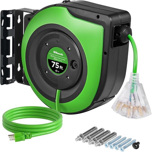 Retractable Cord Reel, 75 FT Heavy Duty Extension Cord, 14AWG/3C SJTOW, 3 Grounded Outlets Lighted Triple Tap, 10A Circuit Breaker, Wall/Ceiling Mounted, UL Listed, Blue U75CR06 in Kuwait