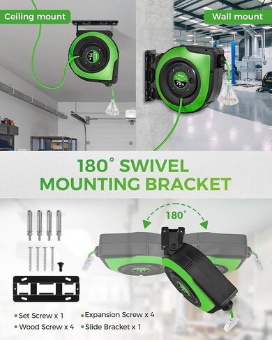 Retractable Cord Reel, 75 FT Heavy Duty Extension Cord, 14AWG/3C SJTOW, 3 Grounded Outlets Lighted Triple Tap, 10A Circuit Breaker, Wall/Ceiling Mounted, UL Listed, Blue U75CR06 in Kuwait