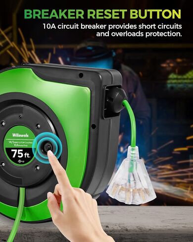 Retractable Cord Reel, 75 FT Heavy Duty Extension Cord, 14AWG/3C SJTOW, 3 Grounded Outlets Lighted Triple Tap, 10A Circuit Breaker, Wall/Ceiling Mounted, UL Listed, Blue U75CR06 in Kuwait