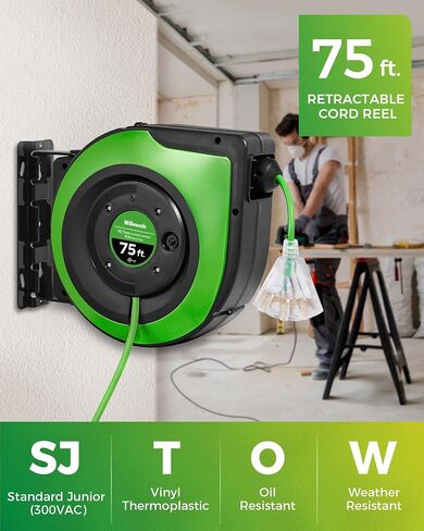 Retractable Cord Reel, 75 FT Heavy Duty Extension Cord, 14AWG/3C SJTOW, 3 Grounded Outlets Lighted Triple Tap, 10A Circuit Breaker, Wall/Ceiling Mounted, UL Listed, Blue U75CR06 in Kuwait