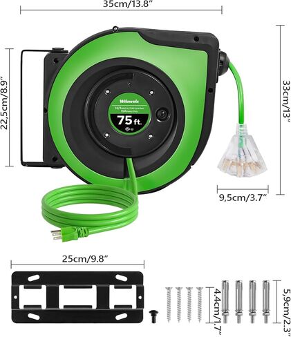 Retractable Cord Reel, 75 FT Heavy Duty Extension Cord, 14AWG/3C SJTOW, 3 Grounded Outlets Lighted Triple Tap, 10A Circuit Breaker, Wall/Ceiling Mounted, UL Listed, Blue U75CR06 in Kuwait