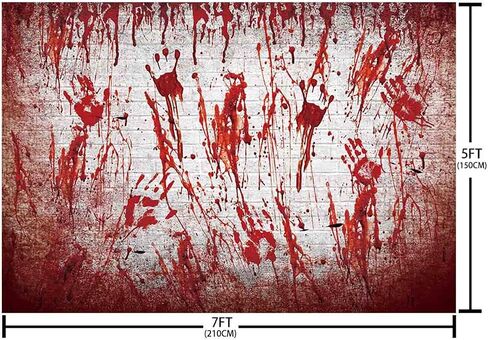 7x5ft Halloween Bloody White Brick Wall Backdrop Handprint Bloodstain Photography Background Scary Blood Splatter Horrible Halloween Party Decorations Banner Photo Props in Saudi Arabia