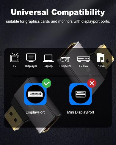 Duttek 8K محول منفذ عرض الزاوية اليمنى، محول موسع منفذ العرض 32.4 جيجابت في الثانية، محول DisplayPort ذكر إلى أنثى (8K/60 هرتز، 4k/144 هرتز) للكمبيوتر الشخصي، الكمبيوتر المحمول 2Pack in Saudi Arabia