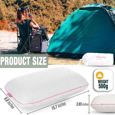 alkamto Travel & Camping Comfortable Memory Foam Pillow with Extra Cotton Cover – Easy to Carry Portable Bag – Temperature Regulating Pillow Case - Perfect for Travelling/Fishing/Backpacking/Hiking in Kuwait