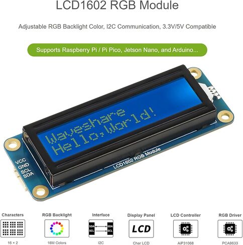 Waveshare 1602 شاشة LCD RGB وحدة 16 × 2 حرف 16 مليون لون RGB وحدة LCD بإضاءة خلفية، 3.3 فولت/5 فولت متوافق، حافلة I2C، لراسبيري بي/بي بيكو، جيتسون نانو اردوينو in Saudi Arabia