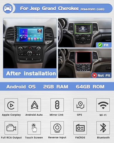 Roinvou [2G+64G] راديو سيارة لسيارة جيب جراند شيروكي 2014-2020 (LHD) مع Carplay اللاسلكي/Android Auto، 9 بوصة Android 13 IPS شاشة تعمل باللمس ستيريو سيارة، BT، GPS Navi، WiFi، 28UI، DSP + كاميرا احتياطية in Saudi Arabia